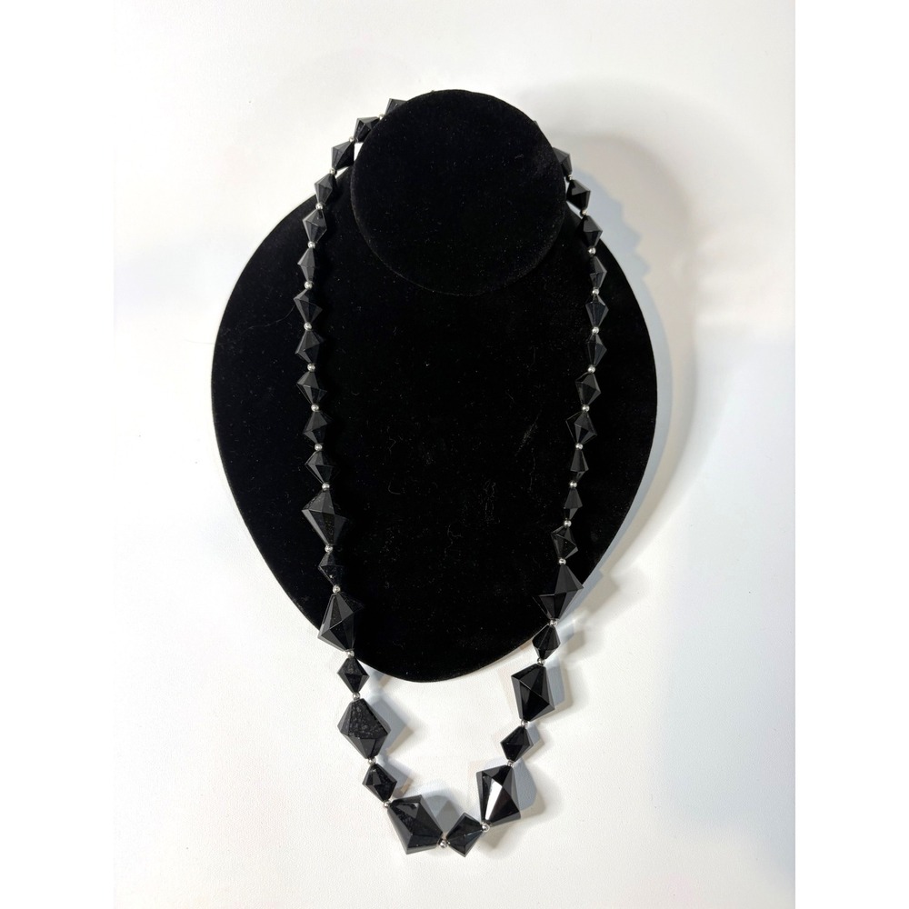 Black Faceted Geometric Bead Necklace Silver 22 Inch Statement
